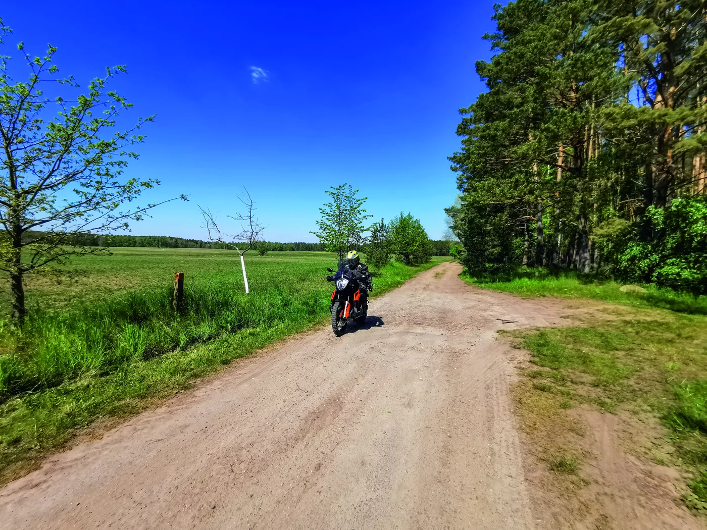 Motorrad auf einem sandigen Feldweg zwischen Wiesen und Waldrand